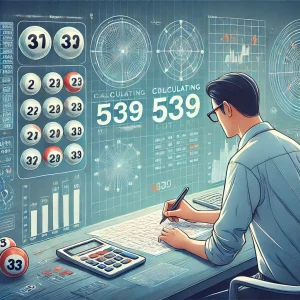 一位男子正在桌前使用計算機與分析圖表進行539彩票數據分析，試圖預測中獎號碼。
